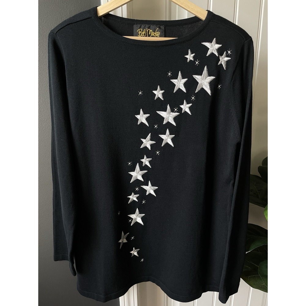 VTG Bob Mackie Wearable Art Women's Black Sweater Silver Star Embroidered Small